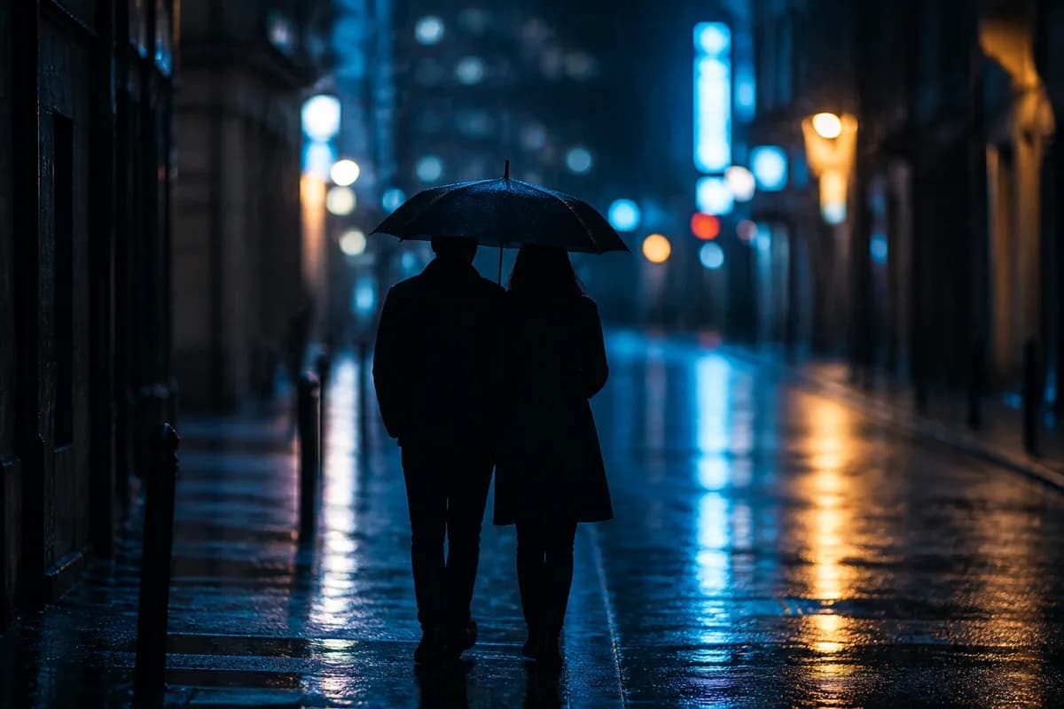 夜の街を相合傘で寄り添って歩く二人